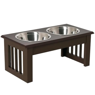 Imagen de PawHut Comedero Elevado para Perros con Soporte y 2 Cuencos Extraíbles de Acero Inoxidable Alimentador Mascotas Alimento Agua 44x24x15 cm Marrón