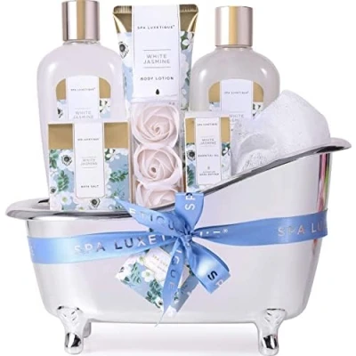 Imagen de Spa Luxetique Cesta de Regalo para Mujer, Set Baño y Ducha Hogar a Jazmín Blanco, con 8 Piezas, Incluye Sales Baño, Aceite Esencial, Regalos Originales Mujer