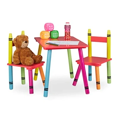 Imagen de Relaxdays Juego de 3 Multicolor Mesa y Sillas Infantiles Crayones, 2 Asientos, Muebles Niños, MDF Madera, Minimesa Minisillas, 44,5 x 60 40 cm Aprox