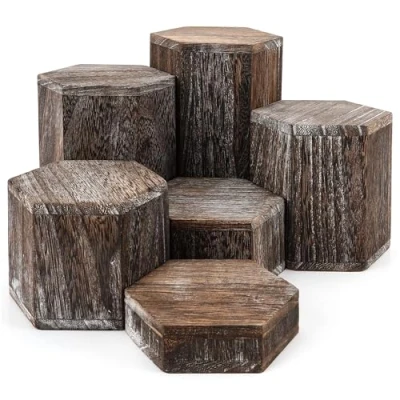 Imagen de BELLE VOUS Pack de 6 Peanas para Figuras Madera Vintage Hexagonal Expositor Coleccionables Marrón Soporte Perfumes, Joyas, Postres, Cupcakes Usar en Tiendas