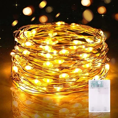 Imagen de Guirnalda Luces LED, 5M 50 Led con Temporizador Pilas IP65 Impermeable Mini Alambre de Cobre Cadena para Decoración Interior, Exterior, Bodas, Fiesta Navidad (1 Pieza, Blanco Cálido)