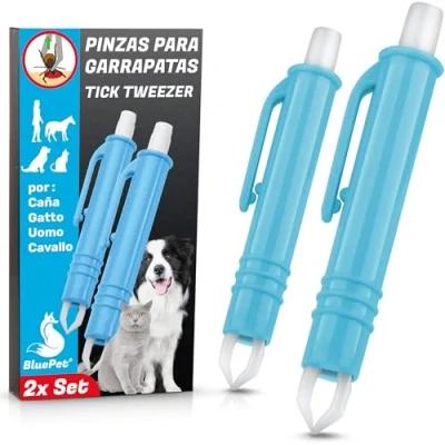 Imagen de BluePet® Juego de 2 Pinzas para garrapatas Quita Personas, Perros, Gatos y Caballos automáticas eliminación