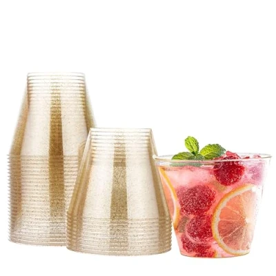 Imagen de MATANA 30 Vasos de Plástico Duro con Brillo Dorado (255ml / 9oz) Plastico Reutilizable para Bebidas, Cócteles, Postres Dorados Fiestas, Cumpleaños, Bodas