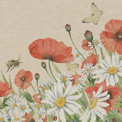 Imagen de 25 Servilletas sostenibles de papel reciclado flores amapolas y margaritas como Decoración mesa. con diseño. ecológica sostenible reciclado. 33 x cm