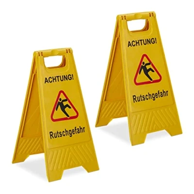 Imagen de Relaxdays Soporte Antideslizante Cartel Suelo Mojado en Alemán, Set 2, Plegable, Ambos Lados, Plástico, Señal Pavimento Resbaladizo, Amarillo, 59 x 29 23 cm