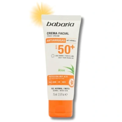 Imagen de BABARIA Crema Solar Facial 50+, 75 Ml Protector 50 Anti envejecimiento hidratante UVA UVB Infrarrojos Indicada para Cara, Cuello y escote