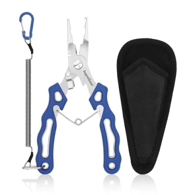 Imagen de supregear Alicate de Pesca, Acero Inoxidable, Multipropósito para Anillos Partidos Y Corte Alambre, Kit Accesorios con Cordón Seguro Funda Nylon, Azul