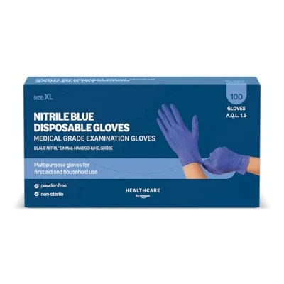 Imagen de Amazon Basic Care Guantes desechables de nitrilo azul, Sin empolvar, Talla XL, 100 Unidad (Anteriormente Marca Hevea)