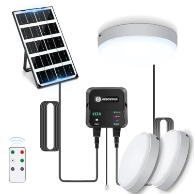 Imagen de Aigostar Luz Solar Interior Exterior 35W Plafón LED Techo con Caja de Almacenamiento Energía, Mando a Distancia, IP65 Impermeable, Cable 8m, Ajustable 6500K, 2pcs