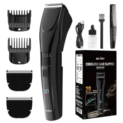 Imagen de Sejoy cortapelos para hombres, recortadora de barba recargable inalámbrica, pantalla LED, mujeres, niños, corte pelo en casa con 2 cuchillas repuesto, Negro