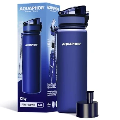 Imagen de AQUAPHOR City Bottle 500ml azul marino I botella filtrante para llevar filtro con carbono activo filtra cloro y contaminaciones hecho de tritan libre BPA un mejor sabor olor del agua