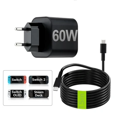 Imagen de Tolesum Adaptador De Sección para Switch 2/OLED/Lite Consola, Cargador 1,5 M, Base Soporte Interruptor TV, Steam Deck Y Mandos Pro, USB Rápido Tipo C 60 W EU Plug