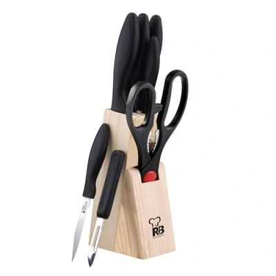 Imagen de RB RENBERG Dresde Juego De 5 Cuchillos Acero Inoxidable Cuchi Chef 18 cm Pan 20 Multiusos 12.5 Pelar 8.75 Tijeras y Pelador Mango Negro Bloque Madera