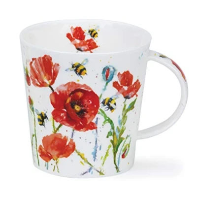 Imagen de Dunoon Taza de porcelana fina hecha en Inglaterra con forma Cairngorm Busy Bees Pattern 480 ml, apta para lavavajillas (amapolas)