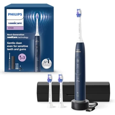 Imagen de Philips Sonicare 6100 cepillo dental eléctrico, sónico con 2 modos de cepillado y 3 niveles intensidad, alerta presión, EasyStart, estuche viaje, azul marino, modelo HX7403/01