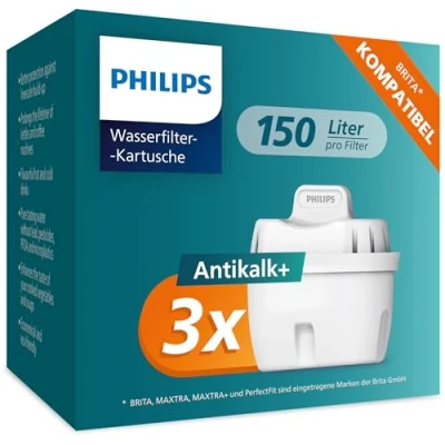 Imagen de Philips Water Cartuchos DE filtro agua repuesto Antical+, pack 3 filtros, compatible con Brita, HASTA UN 50 % MAYOR REDUCCIÓN LA CAL