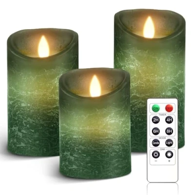 Imagen de AnnSpa 3 Set Velas de LED Sin Pilares pilas Llama con Control Remoto, Cera Real Parpadeo Mecha móvil Ámbar Luz amarilla Velas, Perfume para Regalo y decoración (Green)