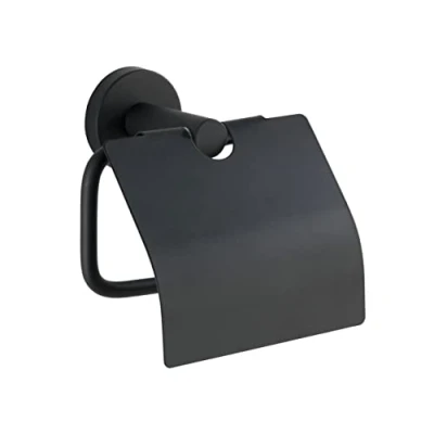 Imagen de WENKO Portarrollos de papel higiénico acero inoxidable Bosio Negro Mate con tapa incl. material atornillado para montaje en pared