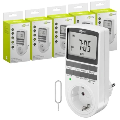 Imagen de goobay Juego de 5 temporizadores digitales 16 programas Toma corriente temporizador modo aleatorio para protección antirrobo incl. batería reserva 100 días 3680W 230V (AC) 16A 74218
