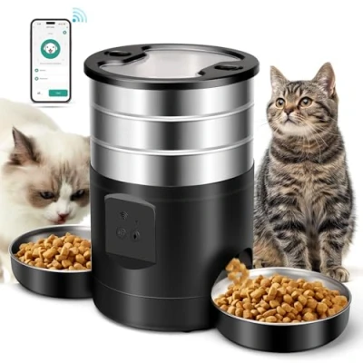 Imagen de 5L Comedero Gato Automatico 2 Tazones para Gatos Perros, 2.4G WiFi Acero Inoxidable Diseño Antiobstrucción Temporizador 24h 10 Comidas por Día 1 40 Porciones, Dispensador Perro