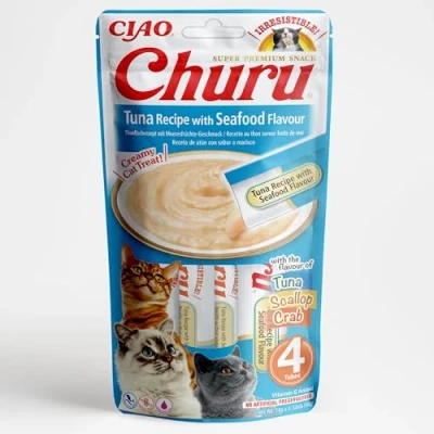 Imagen de INABA Churu Premios para Gatos Snacks Saludables Atún con Marisco Textura Cremosa Sin Cereales, Conservantes, Colorantes Sólo 6 Cal 4x14g (56g)