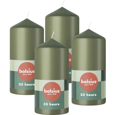 Imagen de Bolsius Pillar Candles Velas decorativas para el hogar (4 unidades, 12 x 6 cm, 33 horas de combustión, sin perfume, cera vegana natural, aceite palma), color verde