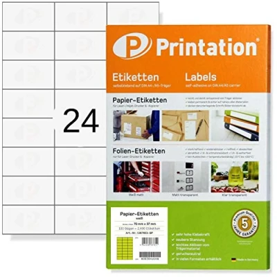 Imagen de Printation Etiquetas Adhesivas para Direcciones 70 x 37 mm, Papel Pegatina Imprimir A4, 25 Hojas, 600 Pegatinas, Adhesivo Imprimir, 24 por Hoja, Inkjet y Laser, 3474 4453 FBA