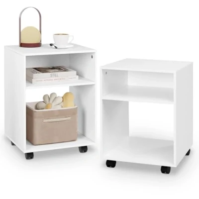 Imagen de EUGAD Juego de 2 Mesita Noche con Ruedas, Ruedas Frenos, Mesa Auxiliar Compartimentos, Estantería para Impresora, 40x35x55 cm, Salón Dormitorio Oficina, Moderno, Blanco, 0008CTG