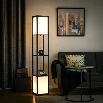 Imagen de HOMCOM Lámpara de Pie Madera con Estante Almacenaje para Bombilla E27 Potencia Máx. 40W Moderna Salón Dormitorio 26x26x156 cm Negro y Blanco