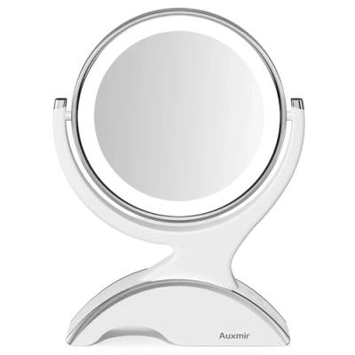 Imagen de Auxmir Espejo Maquillaje con Luz LED 1X / 10X, Aumento de Mesa, Doble Cara 360 Giratorio, Recargable, Sobremesa para Afeitado Depilación Cejas Baño Tocador, Blanco