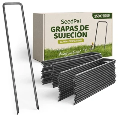 Imagen de SeedPal Grapas de sujecion Anclaje Tierra para Malla Antihierbas, Valla y Red 150 MM Largo, 25 Ancho, Ø 3 (250 Piezas)