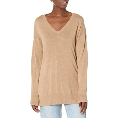 Imagen de Amazon Essentials Jersey Tipo Túnica Ligero de Manga Larga y Cuello en Pico (Disponible Tallas Grandes) Mujer, Camel Mezcla, XS