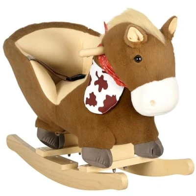Imagen de HOMCOM Caballito Balancín para Bebés 18 36 Meses Caballo con Sonidos de Animal Cinturón Seguridad Manillar y Reposapiés Carga 40 kg 60x33x50 cm Café
