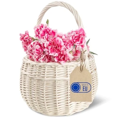 Imagen de Creative Home Cesta de Mimbre Pequeña con Asa Blanca 22 x 26 cm (+/ 2cm) Regalo Picnic Plantas Almacenaje Decoración Pacua Tejida a Mano Marrón Natural Multiuso, Práctica y Duradera