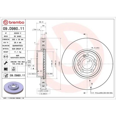 Imagen de BREMBO 09.D980.11 Disco de freno 330 32 5 ventilación interna revestido altamente carbonizado con tornillos