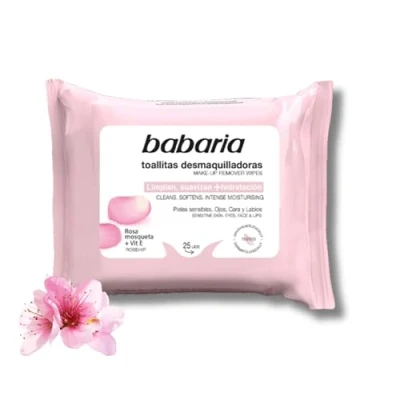 Imagen de Babaria toallitas Desmaquillantes Rosa Mosqueta Y Vitamina E+ (1 X 25 Uds) Apta Para Pieles Sensibles Hidratacion Viaje Rostro, Ojos, Labios Cuello Vegano