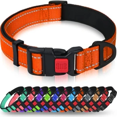 Imagen de Taglory Collar Perro, Nylon Reflectante Neopreno Forrado Ajustable para Perros Cachorro, Naranja