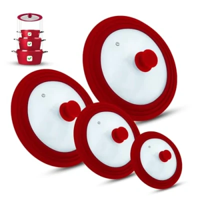 Imagen de M.S.N Juego de 4 tapas universales cristal, piezas, para ollas y sartenes 16 a 32 cm, con válvula salida borde silicona (rojo)