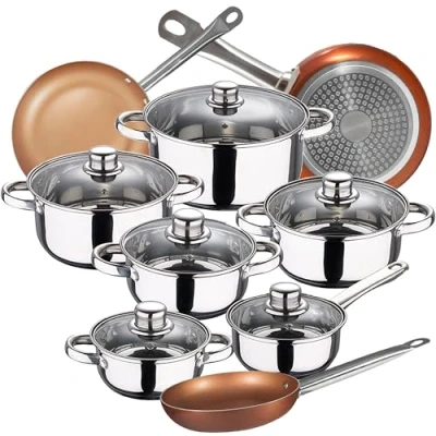 Imagen de Bateria de cocina 12 piezas SAN IGNACIO Cassel, acero inoxidable, con juego sartenes (20/24/28 cm) Professional Chef Copper Plus en aluminio prensado