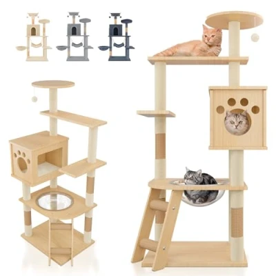 Imagen de JUPPLIES Rascador para Gatos 141cm Arbol Estable de Varios Niveles Actividades con 5 Plataformas, 2 nidos y 1 Casa Torre (Madera)