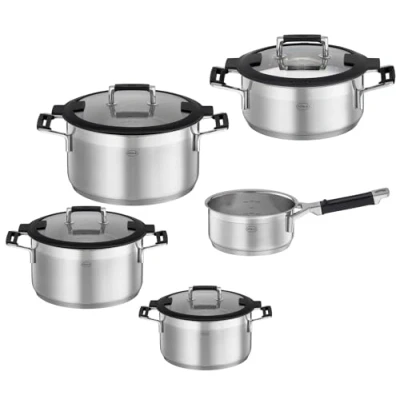 Imagen de RÖSLE SILENCE PRO Batería de cocina (5 piezas, 3 ollas, 1 cacerola y cazo acero inoxidable 18/10, tapa cristal, escala interior, apta para inducción lavavajillas)