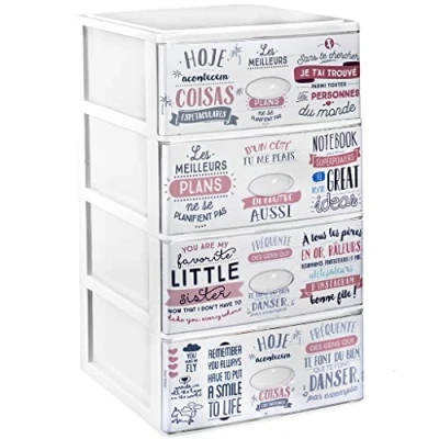 Imagen de COM FORT HOUSE Cajonera Apilable de Plástico Efecto Cristal Modelo Textos Color Blanco 4 Cajones Almacenamiento Modular (380 x 370 626 mm)