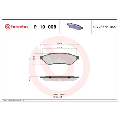 Imagen de BREMBO P 10 008 Juego de pastillas freno excl. contacto avisador desgaste sin accesorios CHEVROLET: Epica Berlina