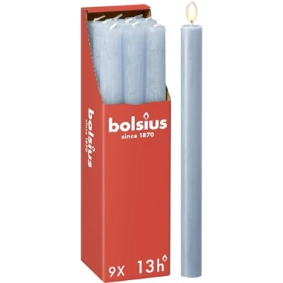 Imagen de Bolsius Velas cónicas para cenas, color azul claro, 9 unidades, larga duración de combustión 13 horas, vela el hogar, decoración interiores, sin perfume, cera natural vegana, 27 x 2,3 cm