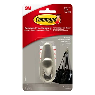 Imagen de Adhesive Metal Hooks,Medium,w/2 Strips, Holds 3lbs., Nickel, Sold as 1 Each