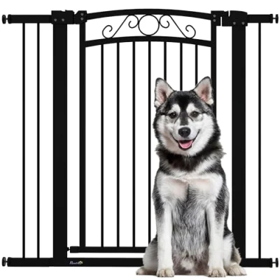 Imagen de PawHut Barrera para Perros Puerta 76 104 cm de Seguridad Mascotas con 2 Extensiones 7/14 y Doble Bloqueo Escaleras Puertas Negro