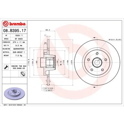 Imagen de BREMBO BEARING DISC LINE 08.B395.17 Disco de freno 274 11 5 macizo con juego cojinetes rueda, anillo sensor ABS RENAULT: Kangoo II / Grand