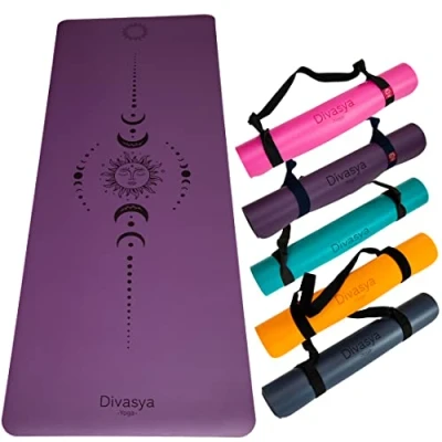 Imagen de DIVASYA esterilla yoga antideslizante caucho natural, gruesa máximo agarre, colchoneta yoga, extra ancha y (185x68x0,45cm), con correa de transporte, pilates