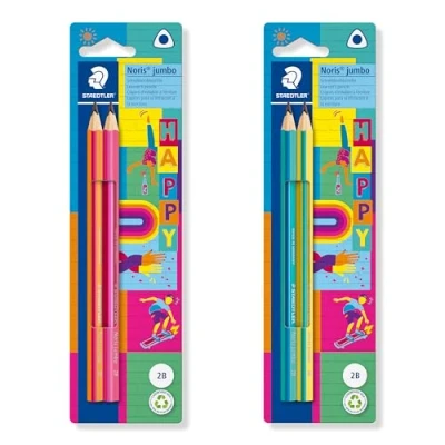 Imagen de Staedtler lápices triangulares gruesos Noris Jumbo Happy en rayas coloridas, alta resistencia a la rotura, dureza 2B, 2 tarjeta de cartón, 119 BK2 HA