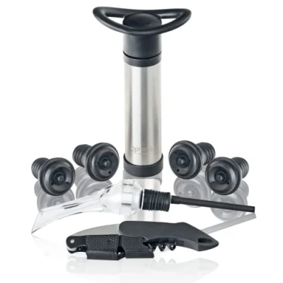 Imagen de Qpractiko Kit Vino Regalo Bomba de Vacío Acero Inox 4 Tapones Silicona Aireador Sacacorchos 2 Tiempos con espiral Teflón Tapon al Vacio, Plata, inoxidable